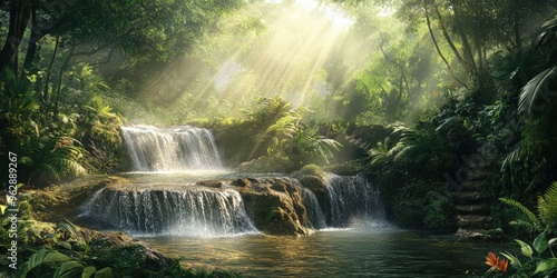 Sun-drenched waterfall in a lush jungle.