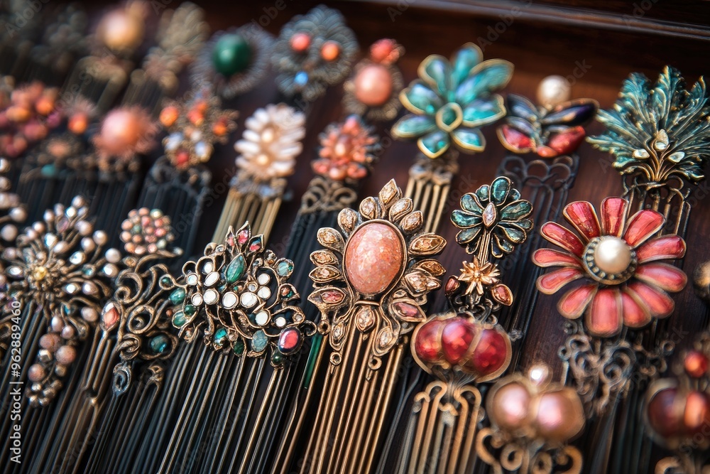 Naklejka premium Traditional chinese hairpins showing colorful flowers and jade stones