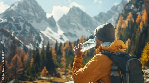 Hiker Drinking Water in Mountain Landscape