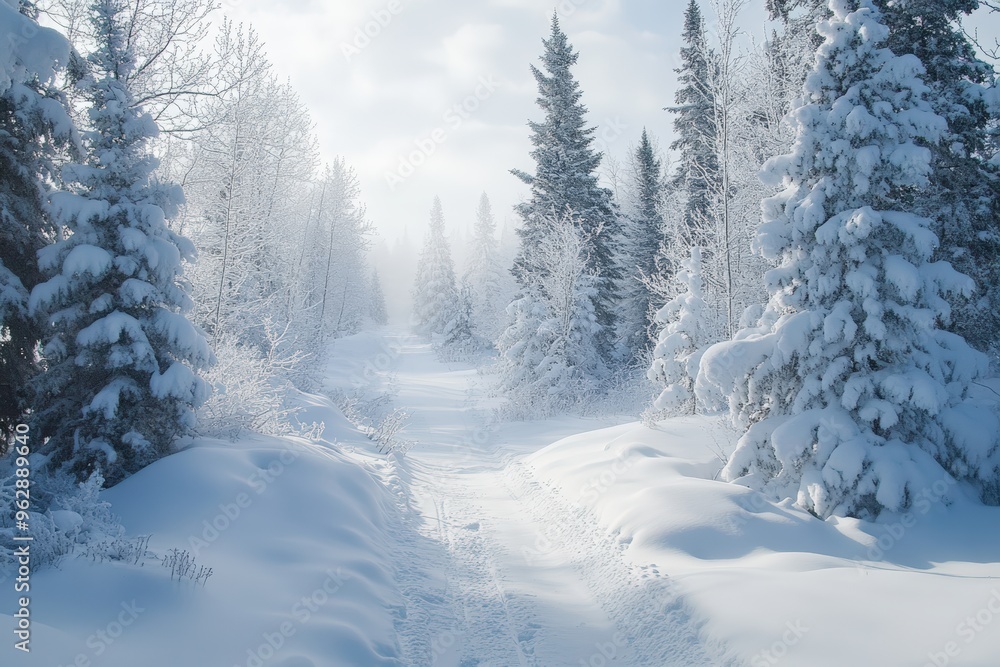 Snow-covered path through a frosty forest.