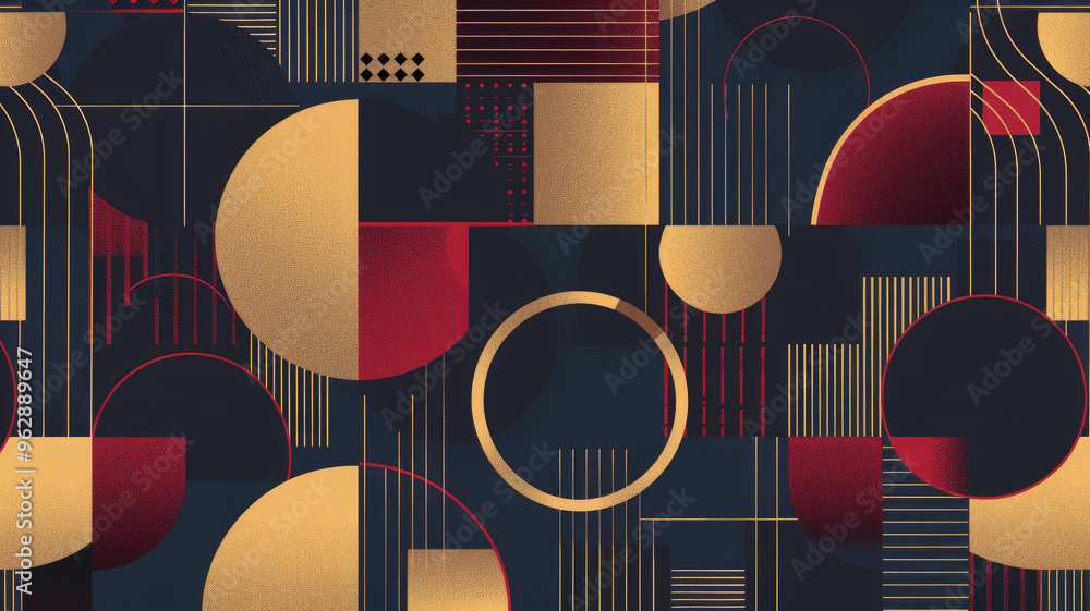 Abstract Bauhaus style seamless pattern with geometric shapes featuring rectangles, circles and lines in navy, gold and burgundy Abstract Bauhaus style seamless pattern with geometric shapes featuring rectangles, circles and lines in navy, gold and burgundy