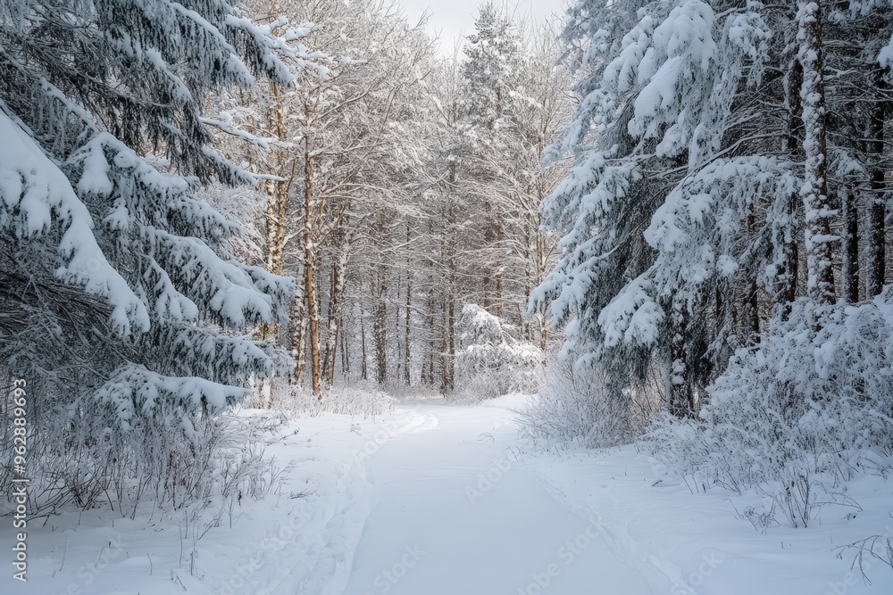 Fototapeta premium Snowy path through a winter forest.
