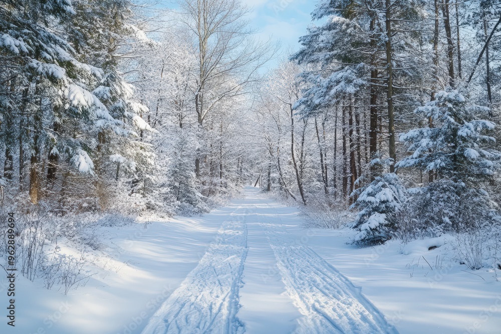 Obraz premium Snowy path through a winter forest.