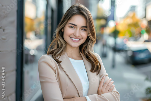 Free Download Young happy pretty smiling professional business woman, happy confident positive female entrepreneur standing outdoor on street arms crossed, looking at camera, - GFXLoad