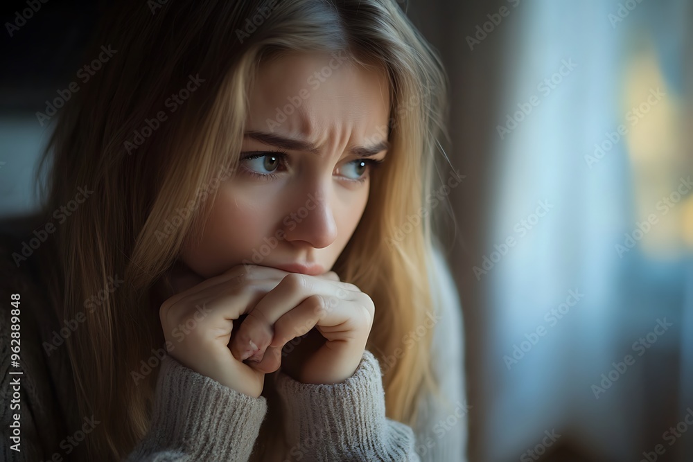 Young woman feeling sad looking through window Young woman feeling sad looking through window