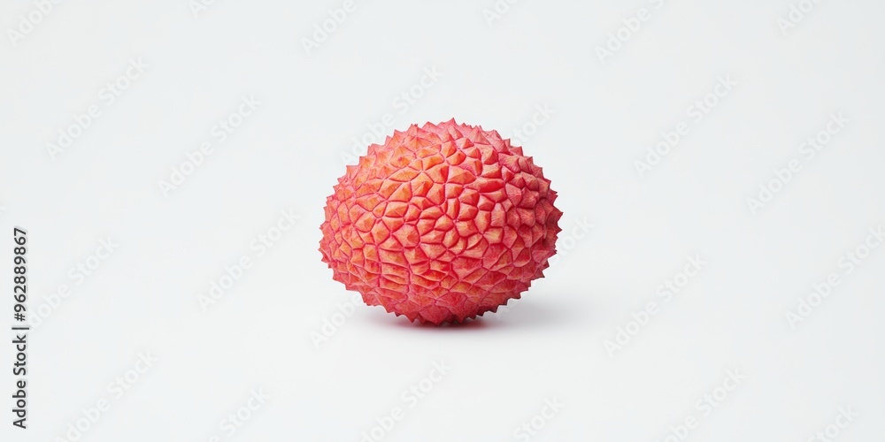 A detailed shot of a single lychee with its red, bumpy skin and translucent, juicy flesh exposed, placed against a white background to highlight its natural, organic appeal A detailed shot of a single lychee with its red, bumpy skin and translucent, juicy flesh exposed, placed against a white background to highlight its natural, organic appeal