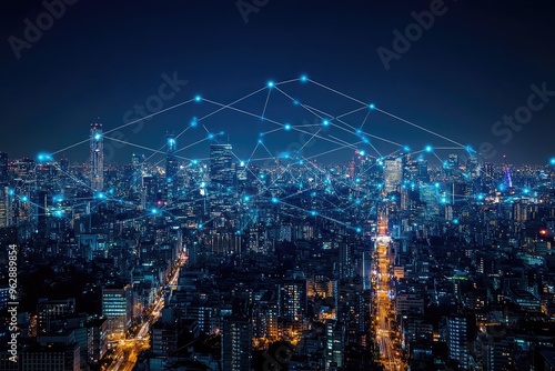 Wallpaper Mural Network connecting modern cityscape at night with glowing lights trails Torontodigital.ca