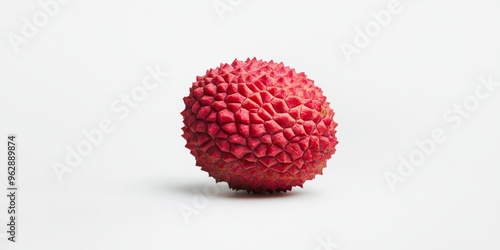 A detailed shot of a single lychee with its red, bumpy skin and translucent, juicy flesh exposed, placed against a white background to highlight its natural, organic appeal photo