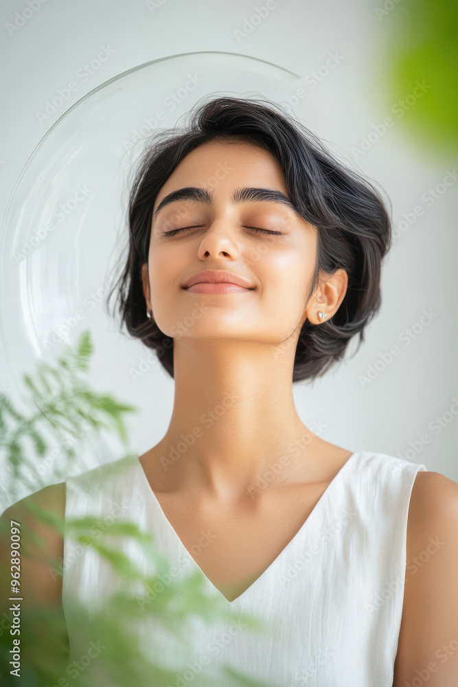 Young beautiful indian woman closed eyes and breathing deeply feeling relax Young beautiful indian woman closed eyes and breathing deeply feeling relax