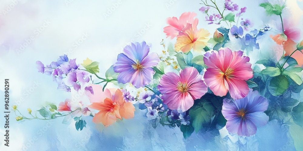 Watercolor painting of pink and purple flowers. Watercolor painting of pink and purple flowers.