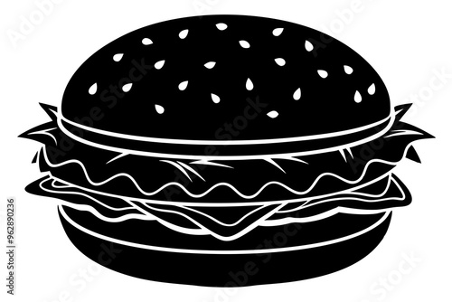 Vector Line Art Icon of Hamburger with Lettuce and Tomato on a Bun Silhouette