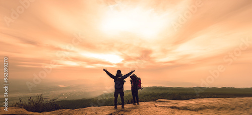 Photographer lover women and men asians travel relax in the holiday. Photograph mountain landscapes atmosphere in the morning. In the winter. In Thailand photo