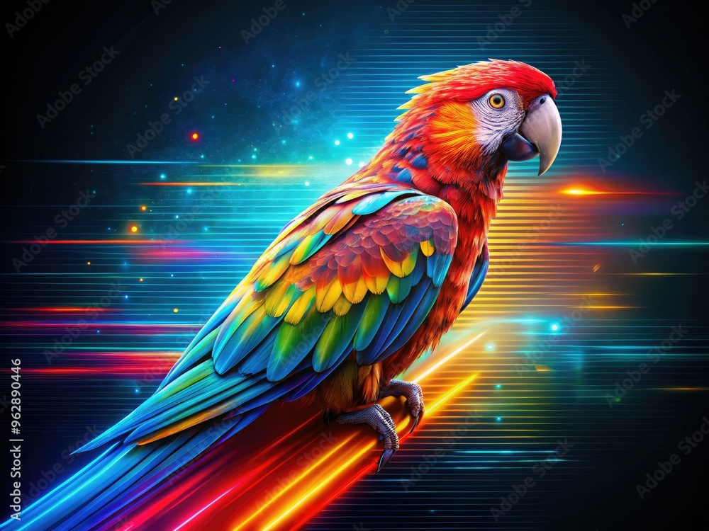 Obraz premium vibrant parrot emerging from glitch art vector code futuristic atmosphere