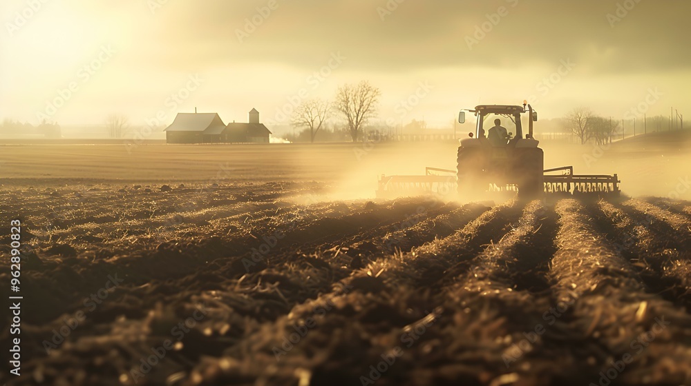 Fototapeta premium Tractor Plowing a Field at Sunset Rural Landscape Photography