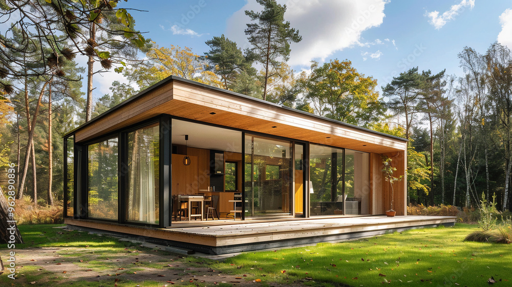 Fototapeta premium modern large tiny house with light wood in the forest