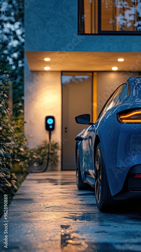 EV car with Electric charging station charger on build in wall at house