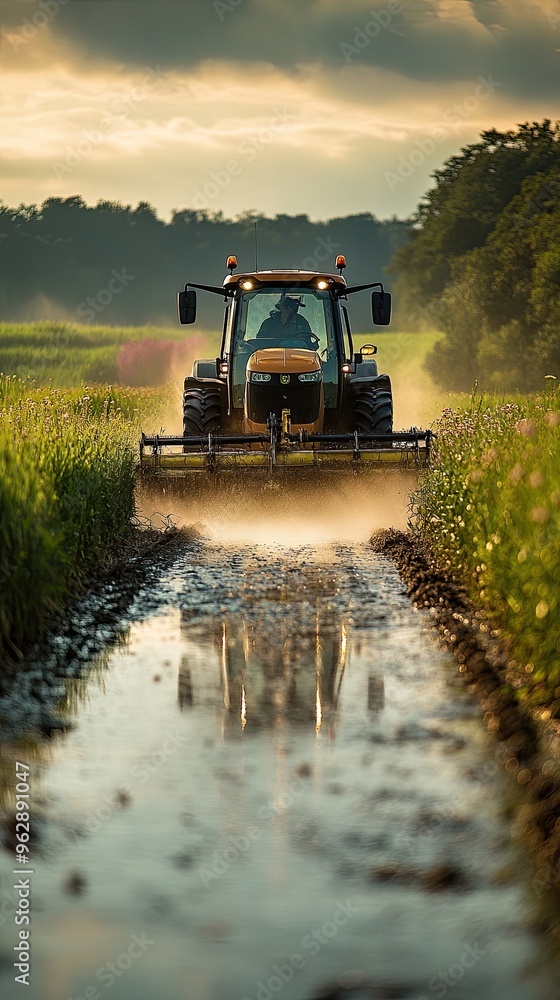 Fototapeta premium Farming tractor plowing and spraying on field 