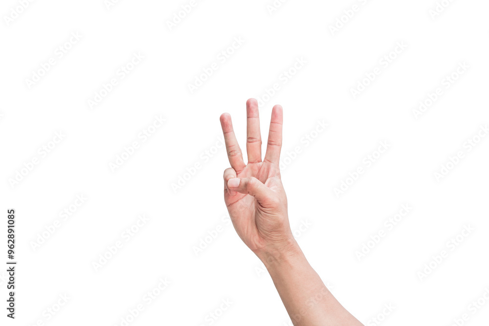 Young man's hand showing fingers on isolated white background. Counting number 3 with three fingers showing. Clipping Path Young man's hand showing fingers on isolated white background. Counting number 3 with three fingers showing. Clipping Path
