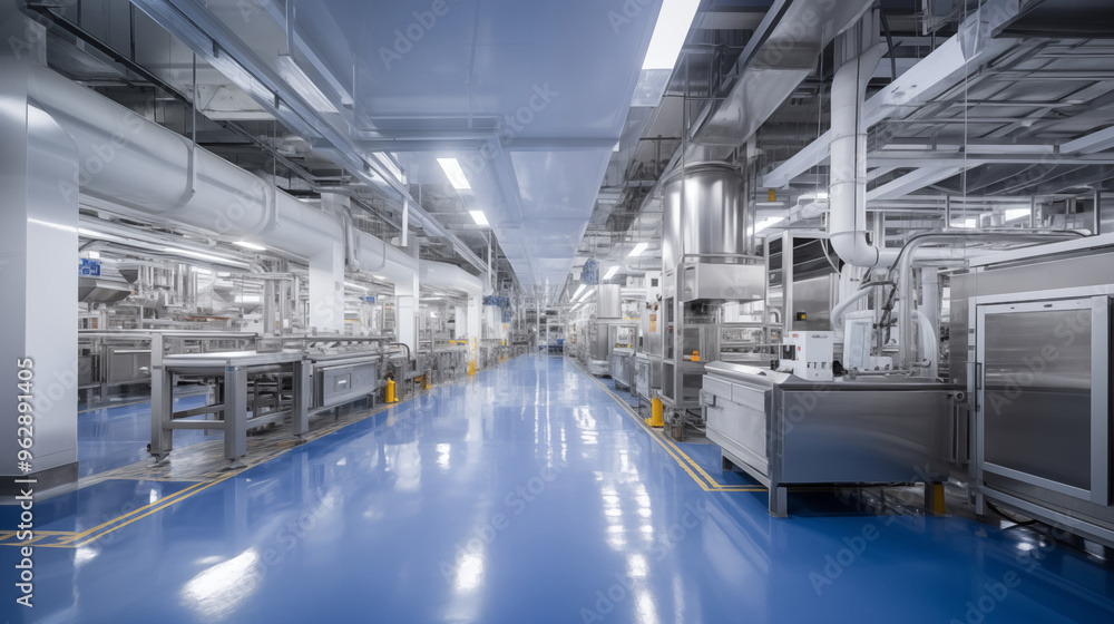 A wide shot of pet food factory entire floor, showcasing the size and scale of the production process A wide shot of pet food factory entire floor, showcasing the size and scale of the production process