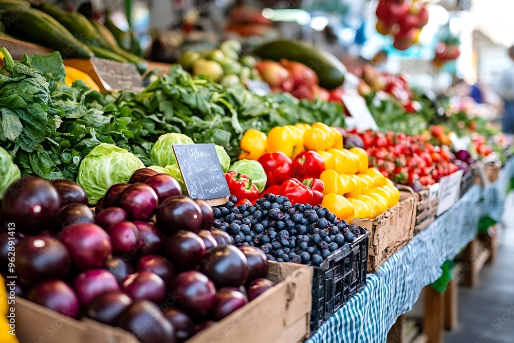 Fresh organic produce displayed at farmers market Fresh organic produce displayed at farmers market