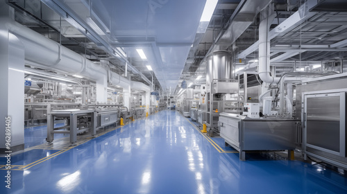 A wide shot of pet food factory entire floor, showcasing the size and scale of the production process