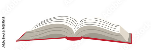 Open book with red cover. Opened notebook side view mockup. Knowledge, education, library, science and culture. Cartoon vector illustration isolated on transparent.