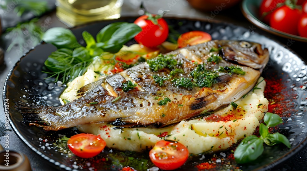 Grilled Fish with Mashed Potatoes and Tomatoes Delicious Recipe Grilled Fish with Mashed Potatoes and Tomatoes Delicious Recipe