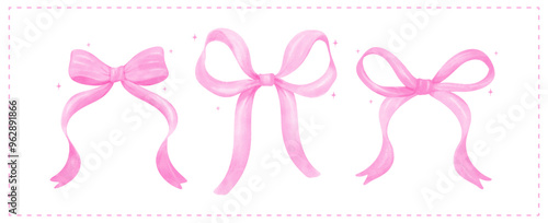 Coquette Pink Ribbon bow Watercolor Girly banner Playful Retro Grandmillennial style collection