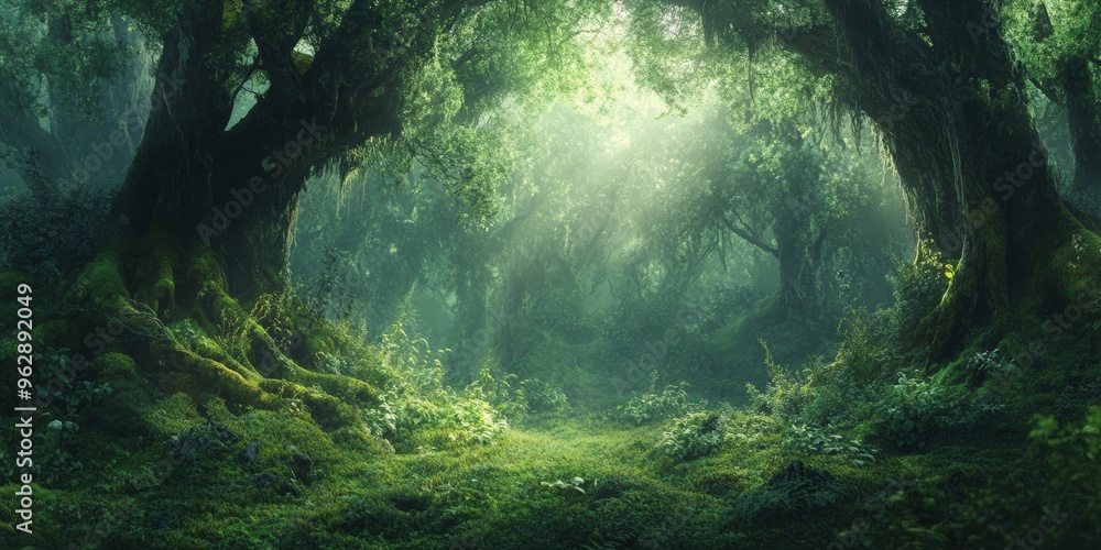 A sunlit path through a dense, mossy forest. A sunlit path through a dense, mossy forest.