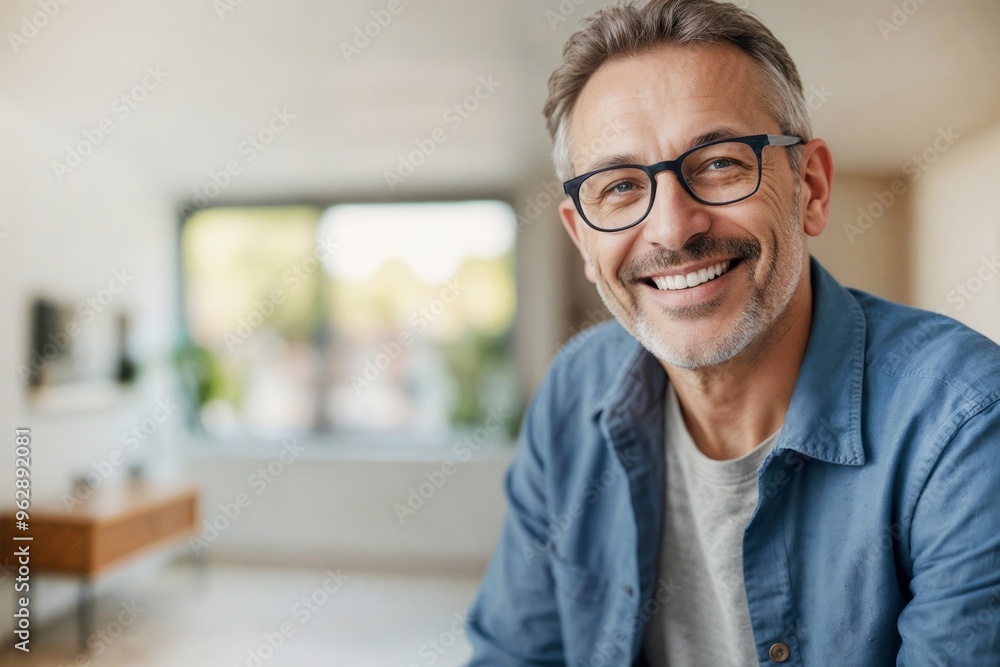 Portrait of happy man wearing glasses and a blue shirt is smiling and looks at the camera on a blurred background living room with copy space Portrait of happy man wearing glasses and a blue shirt is smiling and looks at the camera on a blurred background living room with copy space