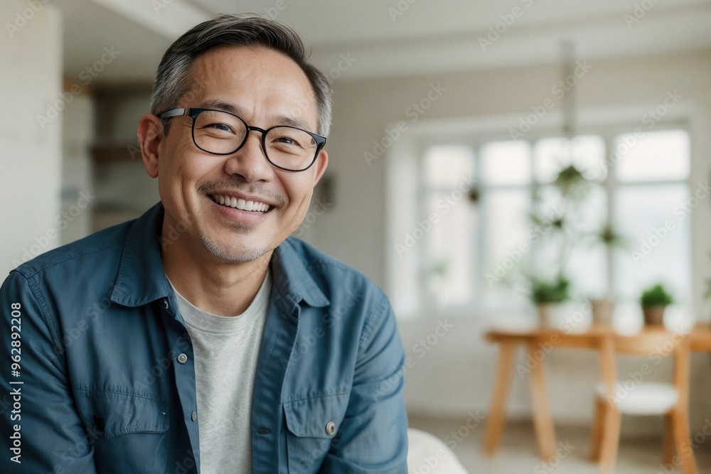 Portrait of happy Asian Middle-aged guy with eyeglasses at home Portrait of happy Asian Middle-aged guy with eyeglasses at home