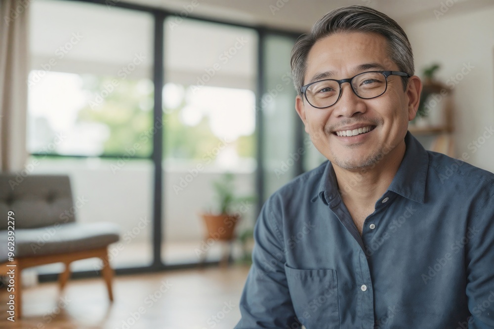 Portrait of happy Asian Middle-aged guy with eyeglasses at home Portrait of happy Asian Middle-aged guy with eyeglasses at home