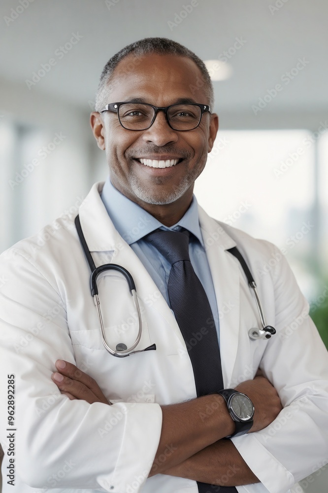 Portrait of happy African American doctor wearing a white lab coat and looks at the camera on a blurred background medic clinic Portrait of happy African American doctor wearing a white lab coat and looks at the camera on a blurred background medic clinic