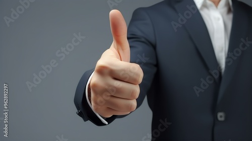 Business professional giving a thumbs up gesture against a neutral background in a formal attire setting