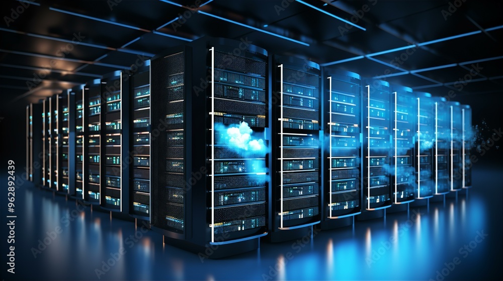 Modern data center filled with advanced servers illuminated by blue lights Modern data center filled with advanced servers illuminated by blue lights