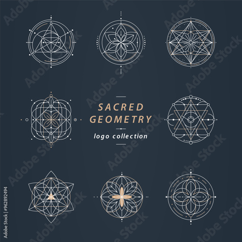Geometric Sacred Patterns Collection. Mandalas, Hexagons, Triangles in Minimalistic Line Art for Cosmic and Spiritual Themed Designs and Illustrations. Logotype with geometric sacred patterns