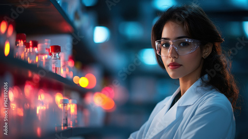 Beautiful young indian woman scientist wearing white coat and glasses in modern Medical Science Laboratory with Team of Specialists on background.