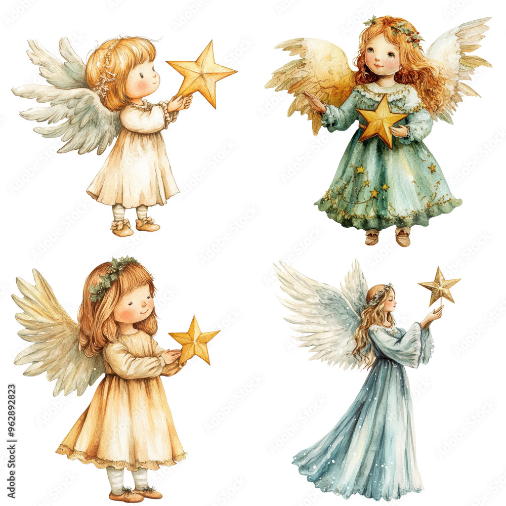 Fototapeta premium Collection of Christmas Angels with Festive Decorations Isolated on Transparent Background