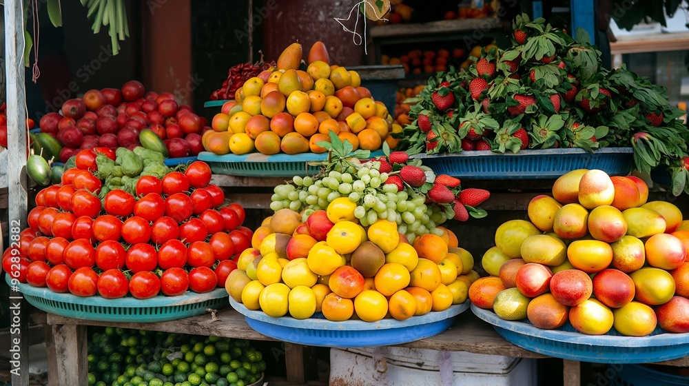 A vibrant display of fresh fruits, including tomatoes, mangoes, grapes, and strawberries, on wooden shelves at an outdoor market. A vibrant display of fresh fruits, including tomatoes, mangoes, grapes, and strawberries, on wooden shelves at an outdoor market.