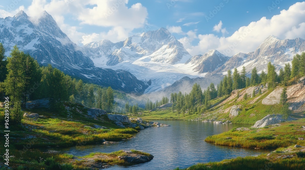 Mountain lake surrounded by green trees and snow-capped peaks. Mountain lake surrounded by green trees and snow-capped peaks.