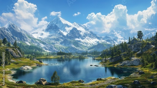 Mountain lake with snow-capped peaks and green trees.