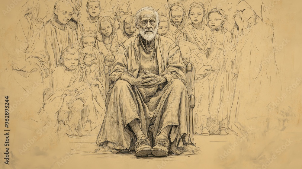 Fototapeta premium The Loneliness of Wealth in Ecclesiastes: An Elder Surrounded by Riches Yet Devoid of Fulfillment, Sitting Alone in a Vast Hall