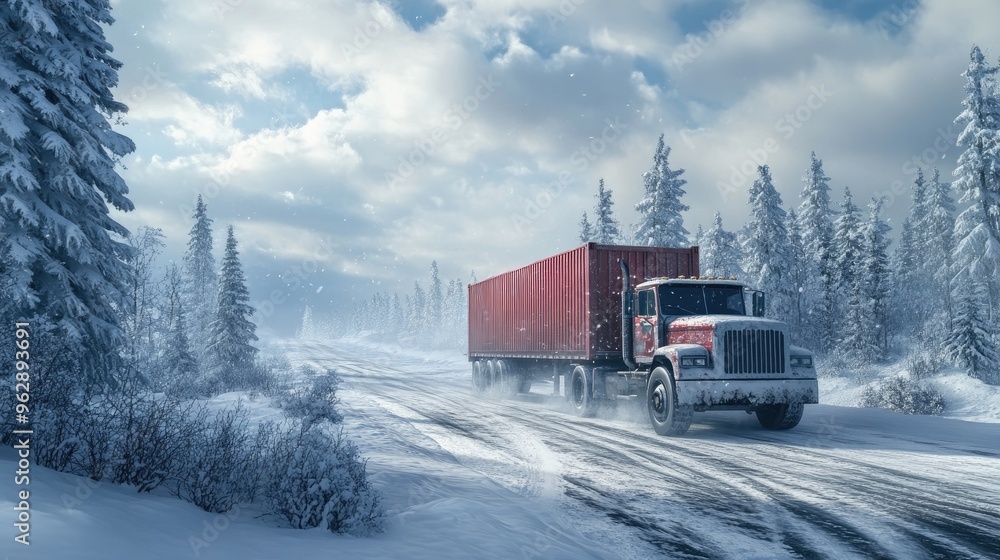 A cargo truck pushes through a snowy landscape, braving icy roads to ensure deliveries arrive on time in winter A cargo truck pushes through a snowy landscape, braving icy roads to ensure deliveries arrive on time in winter