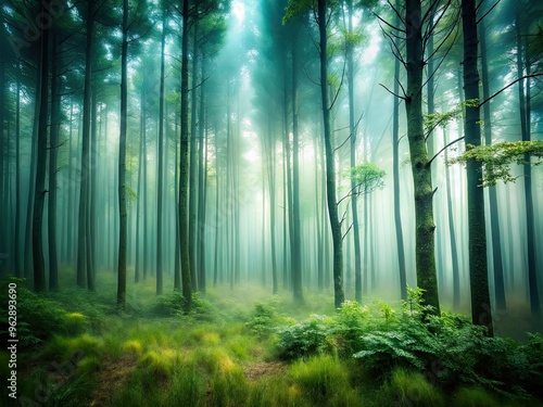 moody misty forest hurricane warning flag blurred motion amidst misty trees mood mysterious style whimsical technical slow shutter speed color soft greens concept secrecy