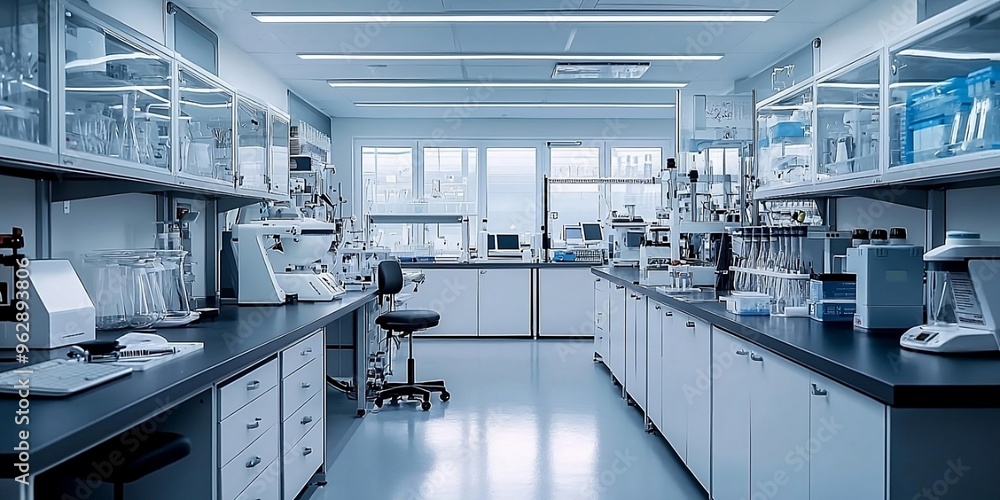 Laboratory workplace interior. Generative AI technology