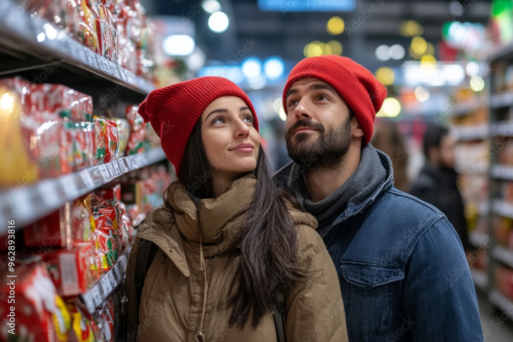 Fototapeta premium Young couple shopping for holiday decorations in a store filled with festive items during winter in a cozy atmosphere