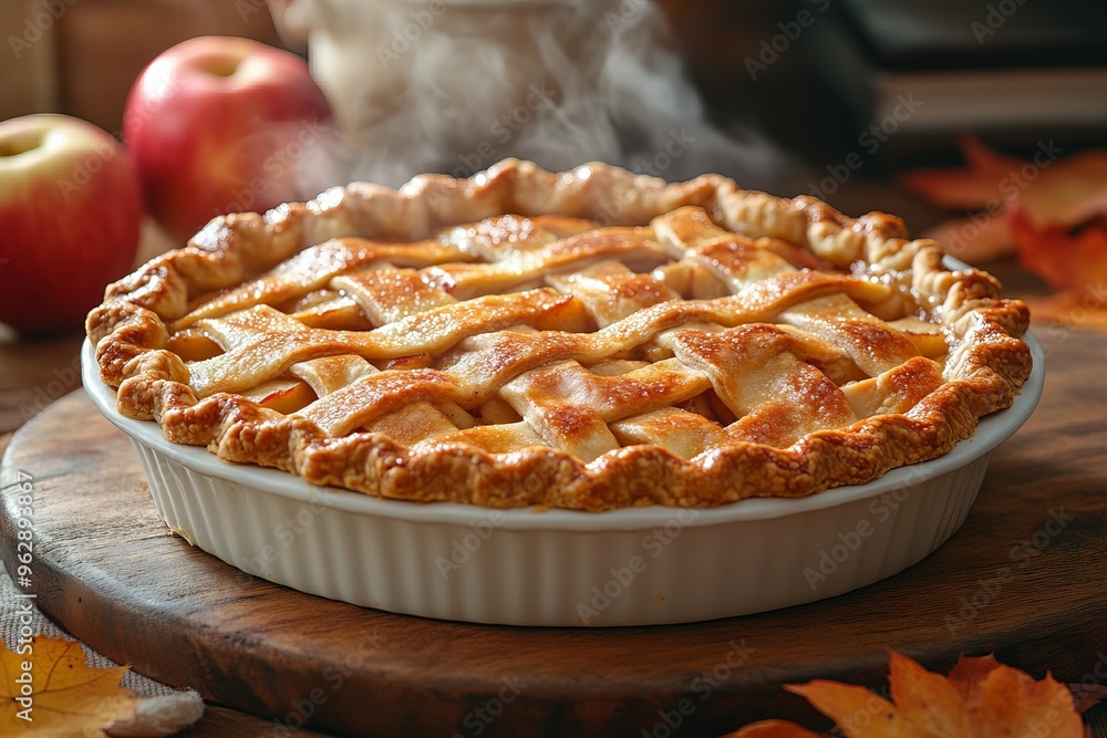 Freshly baked delicious crispy apple pie on a table in a bright kitchen new beautiful stock image illustration AI Freshly baked delicious crispy apple pie on a table in a bright kitchen new beautiful stock image illustration AI
