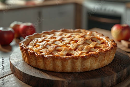 Freshly baked delicious crispy apple pie on a table in a bright kitchen new beautiful stock image illustration AI