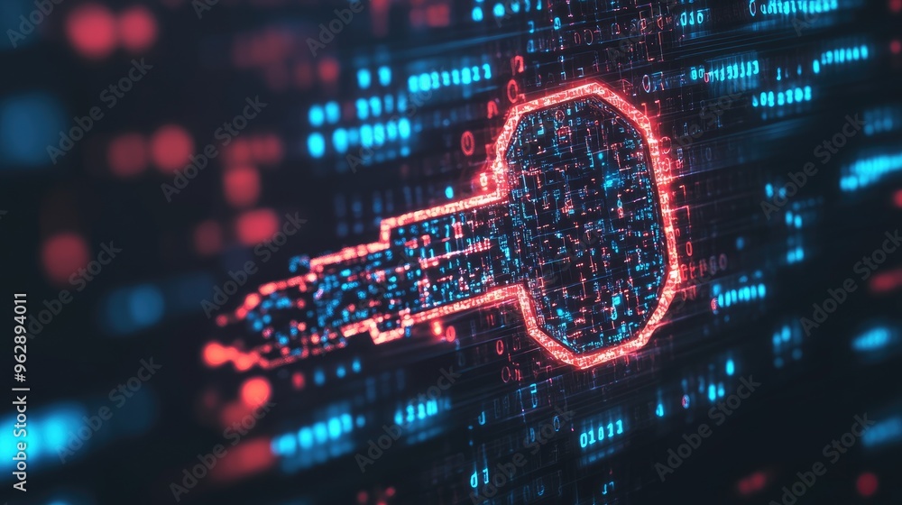 Fototapeta premium A close-up of a digital key symbol with encrypted data in the background, signifying data security and access control