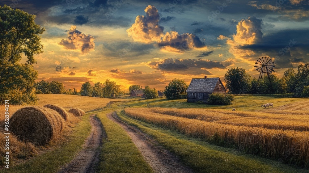 Rural sunset with hay bales, a farm house, and a Rural sunset with hay bales, a farm house, and a